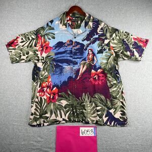 Nautica Linen Blend Hawaiian Print Shirt Medium Button Up Short Sleeve Mens